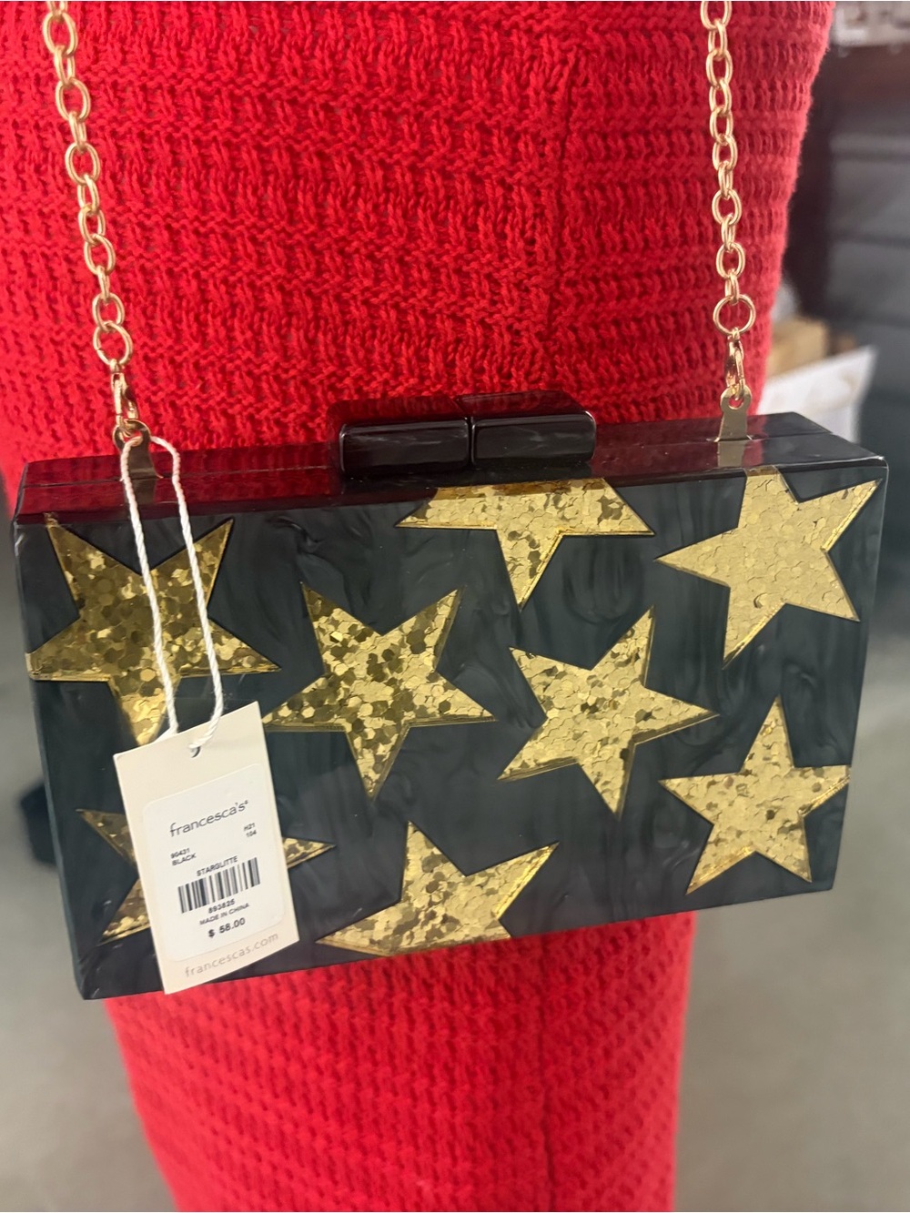 FRANCESCA’S STARLIGHT BLACK GOLD STAR ACRYLIC BOX CLUTCH NWT